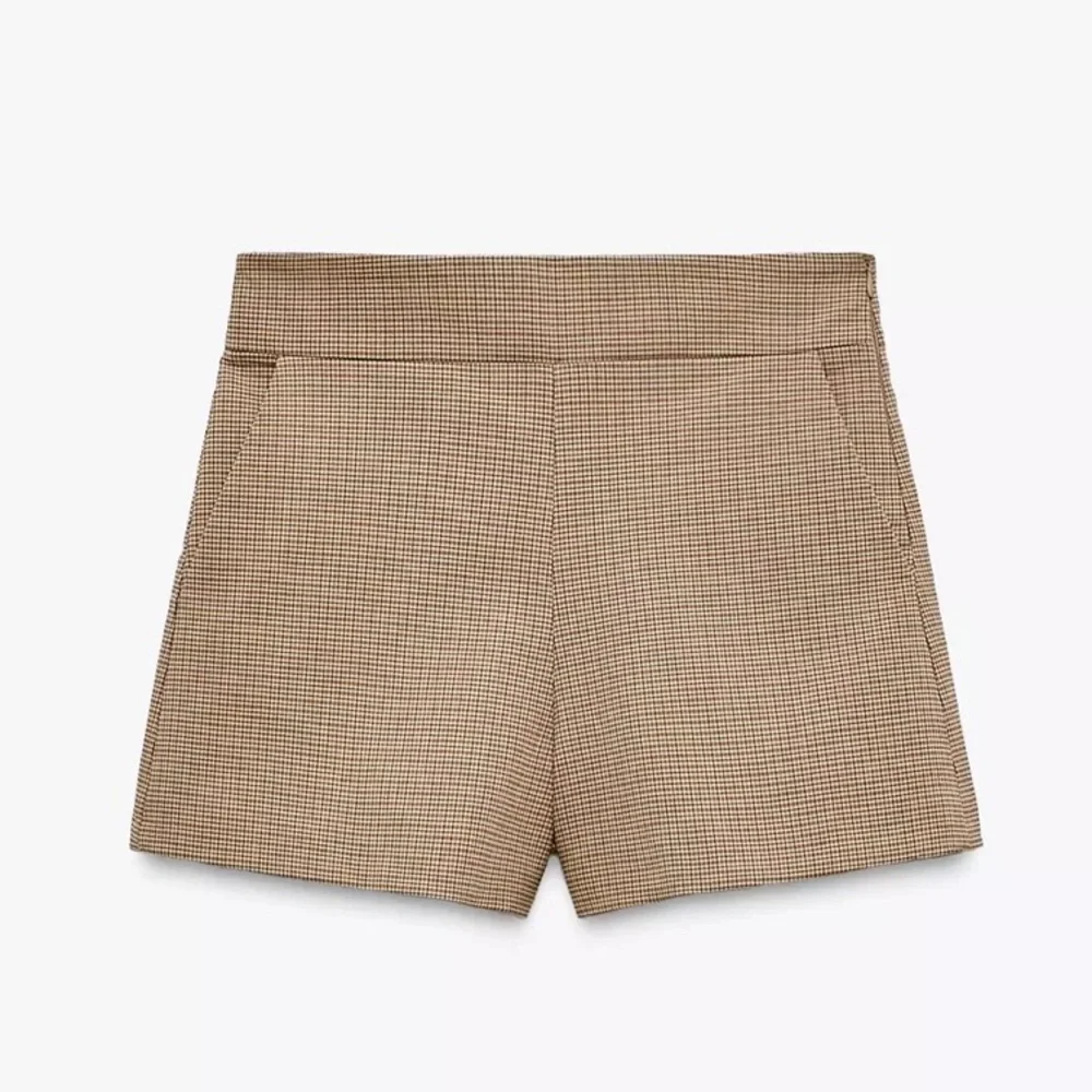Zara Beige Checkered High Waist Shorts